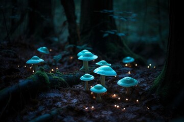 Glowing mushrooms in dark woods. Generative AI