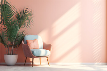 Trendy pink  living room with  blue chair, simple home decor, generative ai