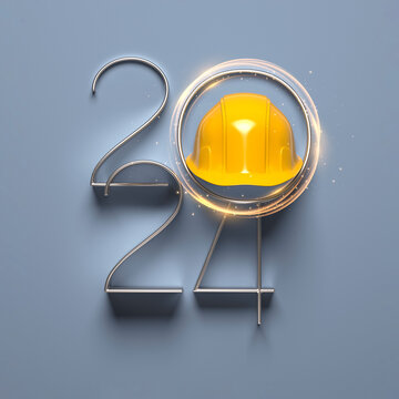 2024 New Year design template with yellow protective helmet. 3D render illustration.