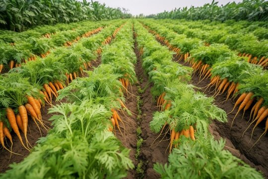 Eco-friendly carrots growing in chemical-free plantation fields. Generative AI