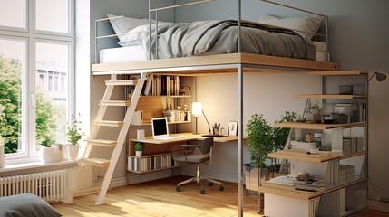 Space-saving elevated loft bed design, complete with a functional workspace underneath, ideal for compact urban living