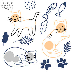 Cute collection of outline cats. Vector illustration.
