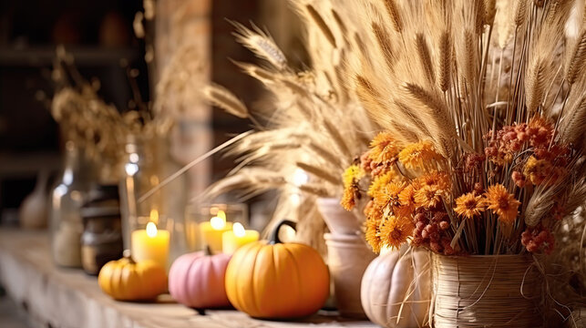 Vase with dried flowers and spikelets, pumpkins and candles. Autumn interior of a country chalet for Thanksgiving.