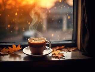 Cup of hot autumn Espresso coffee or tea on the window living , winter background 