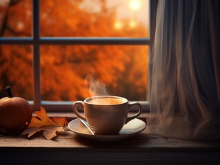 Cup of hot autumn Espresso coffee or tea on the window living , winter background 