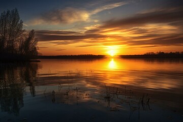 Fototapeta na wymiar a breathtaking sunset over a calm lake, radiating a gentle light on the nearby scenery. Generative AI