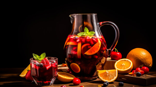 A glass of sangria and a large jug of sangria with decorative fruits on a wooden surface, dark background.