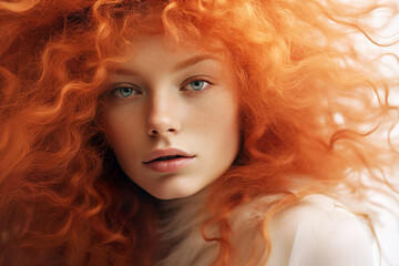 Fototapeta premium Candid portrait of a freckled redhead with natural beauty, capturing her ethereal and colorful curly hair.