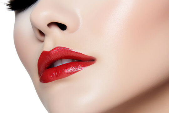 Closeup of model face with red lipstick and pale skin on white background.