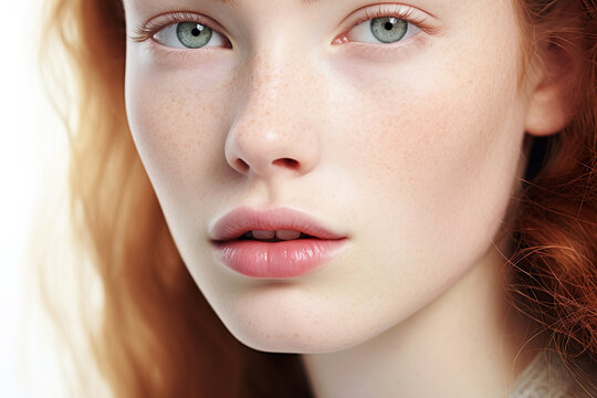 Fresh and candid close-up of a natural beauty with freckles and pale skin, highlighting her youthful charm.
