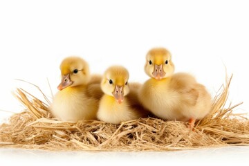 Three ducking on straw isolated on white background. Small duck born child. Generate AI