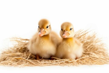 Two ducking on straw isolated on white studio. Funny chick babies newborn. Generate AI