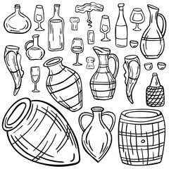 Set of outline wine bottles, barrels, glasses, corks, kvevri and corkscrews on a white background. Vector illustration