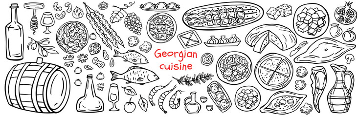 Long banner of Georgian cuisine on a white background. Traditional Georgian food: khachapuri, khinkali, wine, kebab, nuts, fruits, bread. Vector illustration