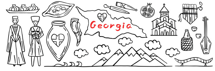 Country Georgia. A set of doodle elements: places, a couple in national costumes, Georgian food, wine, mountains. Vector illustration. Long banner.