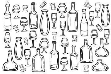 Pattern of set outline wine bottles, glasses, corks on a white background. Vector illustration