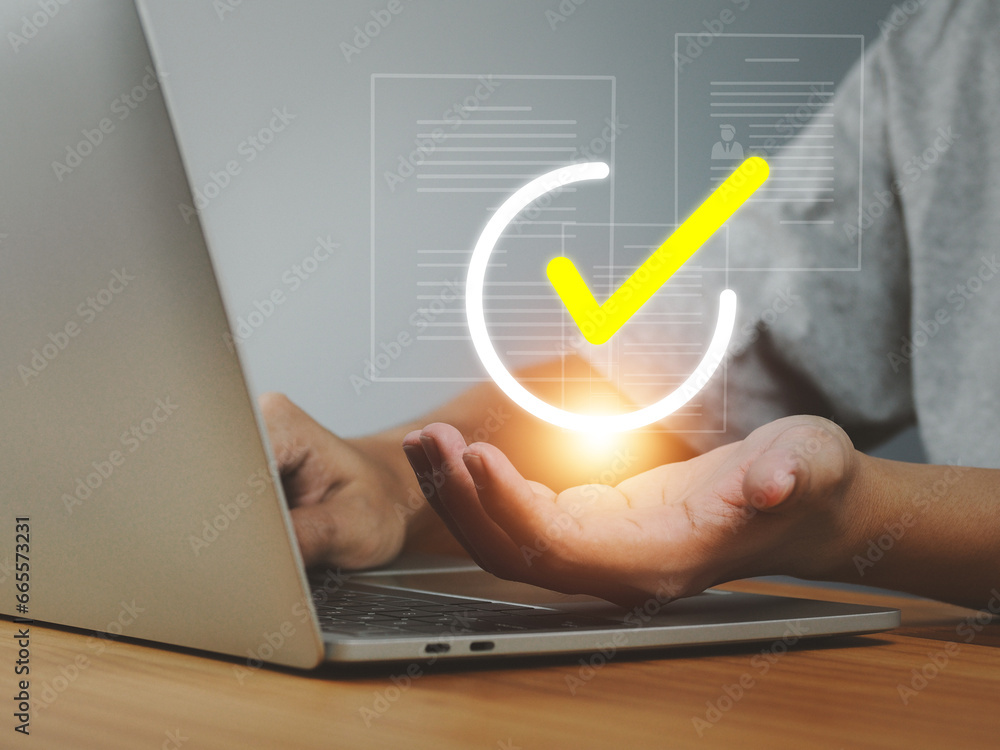 Poster document verification check mark approval and assurance quality, businessman showing check mark in q