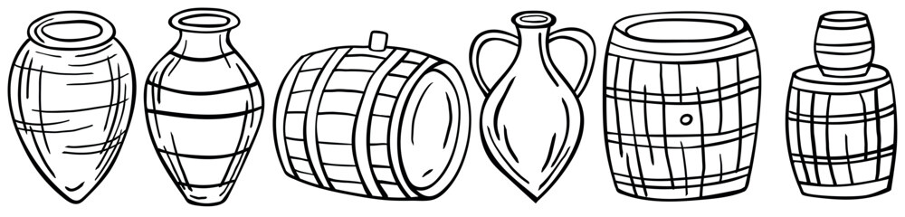 Set of old wooden barrels of wine, jug for wine, kvevri in outline style on a white background. Traditional Georgian wine making.  Old Beer barrel. Vector illustration