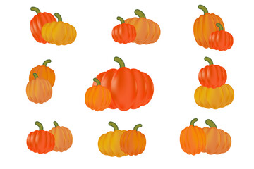 Cute shiny pumpkins in various colors. Realistic 3d pumpkin elements to decorate your project. Orange, yellow pumpkin set.