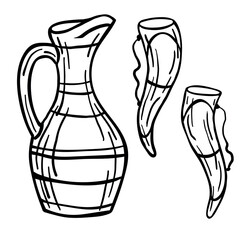 Jug for wine and horns for wine on a white background. Georgia symbols. Vector illustration.