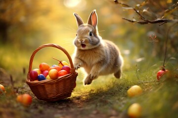 Fototapeta na wymiar Joyful rabbit racing with an Easter eggs basket. Generative AI