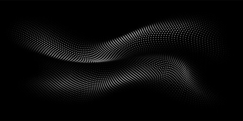 Fototapeta na wymiar Flowing dots particles wave pattern 3D curve halftone white curve shape isolated on black background. Vector in concept of technology, science, music, modern.