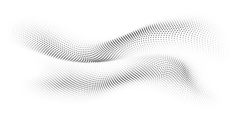 Flowing dots particles wave pattern 3D curve halftone black gradient curve shape isolated on transparent background. Vector in concept of technology, science, music, modern.