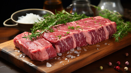 Fototapeta premium A photo of a delicious-looking marbled Wagyu steak placed on a wooden cutting board Generative AI
