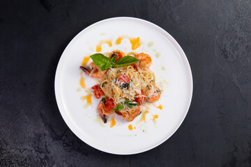 Shrimp pasta in a plate.