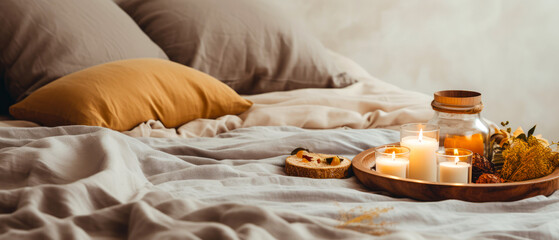 Fototapeta na wymiar Cozy candle composition on tray on linen bad sheet. Romantic still life with soft lights. Romantic mockup, template. Morning relax,ambience. Hotels bedroom. Generative ai.