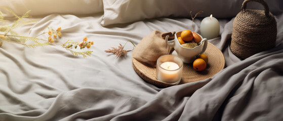 Fototapeta na wymiar Flatlay candle composition on tray on linen bad sheet. Romantic still life with soft lights. Top view. Romantic mockup, template. Morning relax,ambience. Hotels bedroom. Generative ai.