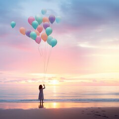 Young woman with colorful balloons on the beach at beautiful sunset background.