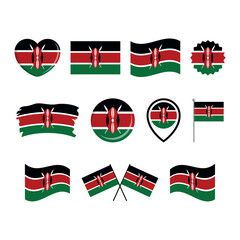Kenya flag icon set vector isolated on a white background. Kenyan Flag graphic design element. Flag of Kenya symbols collection. Set of Kenya flag icons in flat style