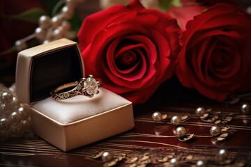 Treble chef roses and wedding ring in box. Romantic art love flower. Generate Ai
