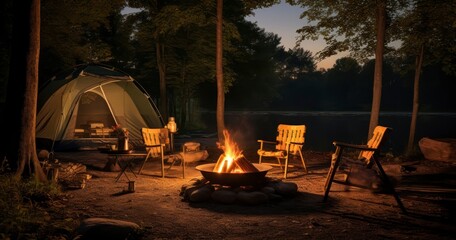 Nature's Lounge - A Campsite's Warm Embrace with Firelight and Restful Chairs. Generative AI