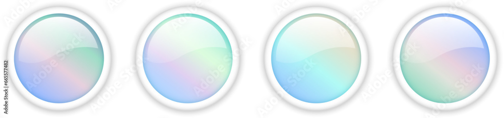 Poster Shiny web buttons set, iridescent colors circle 3d icons.