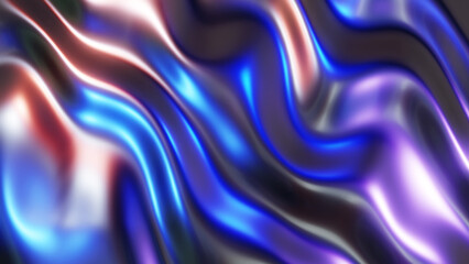 Liquid chrome waves background, shiny texture of metallic pattern with reflected multicolored lights.