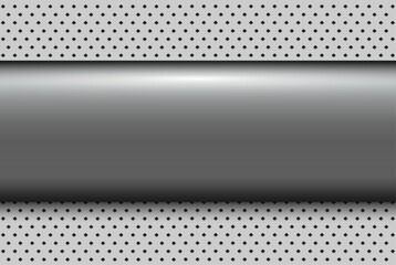Silver metallic 3d background with banner in the center and dotted pattern in the background.