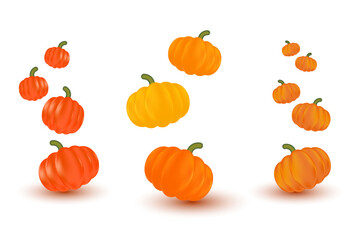 Cute shiny orange pumpkins template, flowing pumpkins isolated background. Halloween, Thanksgiving elements.