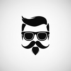 minimalistic logo with the head and face of man with a mustache and beard wearing glasses on a white background. An emblem for a barbershop men's salon or a brand store