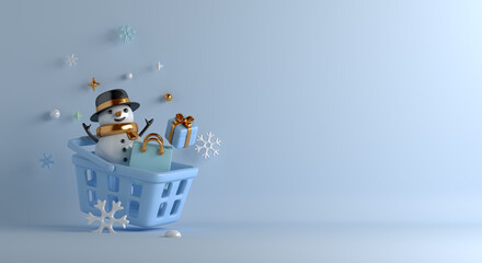 Winter sale decoration background with snowman, shopping basket cart, snowflakes, gift box, copy space text, 3D rendering illustration
