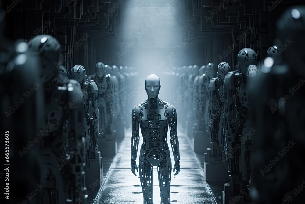 Poster 3d rendering of a female robot in front of a stage background, humanoid robot walks through the four
