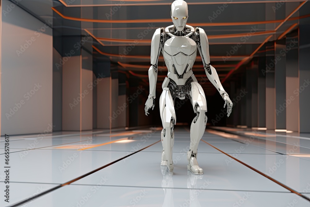 Poster 3d rendering of a robot in a futuristic room. this is a computer generated and 3d rendered picture, 