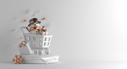 Winter sale decoration background with snowman, trolley shopping cart, snowflakes, gift box, copy space text, 3D rendering illustration