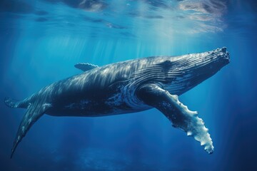 Humpback whale in deep blue ocean. Underwater scene, Humpback whale swimming underwater in blue water. Marine life, AI Generated - obrazy, fototapety, plakaty