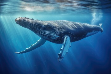 Humpback whale in deep blue ocean. 3D Rendering, Humpback whale swimming underwater in blue water. Marine life, AI Generated