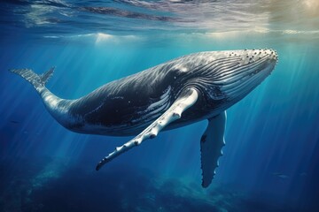 Humpback whale swimming in blue ocean. Underwater scene, Humpback whale swimming underwater in blue water. Marine life, AI Generated