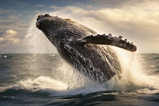 Humpback whale jumps out of the ocean. Seascape, Humpback whale jumping out of the water, AI Generated