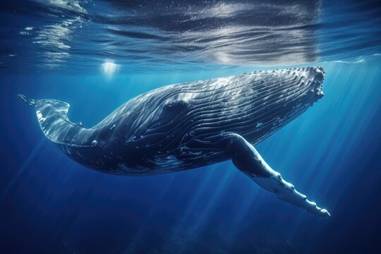 Humpback whale swimming underwater in deep blue ocean. This image is a 3d render illustration, Humpback whale swimming in deep blue ocean. Underwater photography, AI Generated