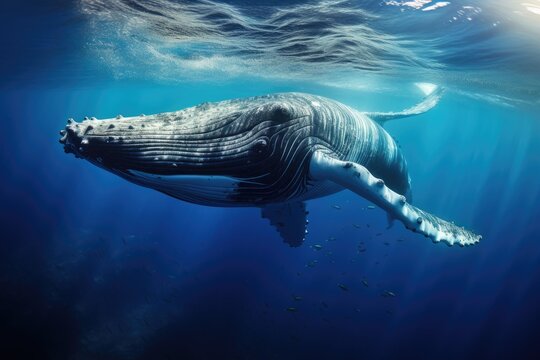 Humpback whale swimming in the deep blue ocean, underwater photo, Humpback whale swimming in deep blue ocean. Underwater photography, AI Generated